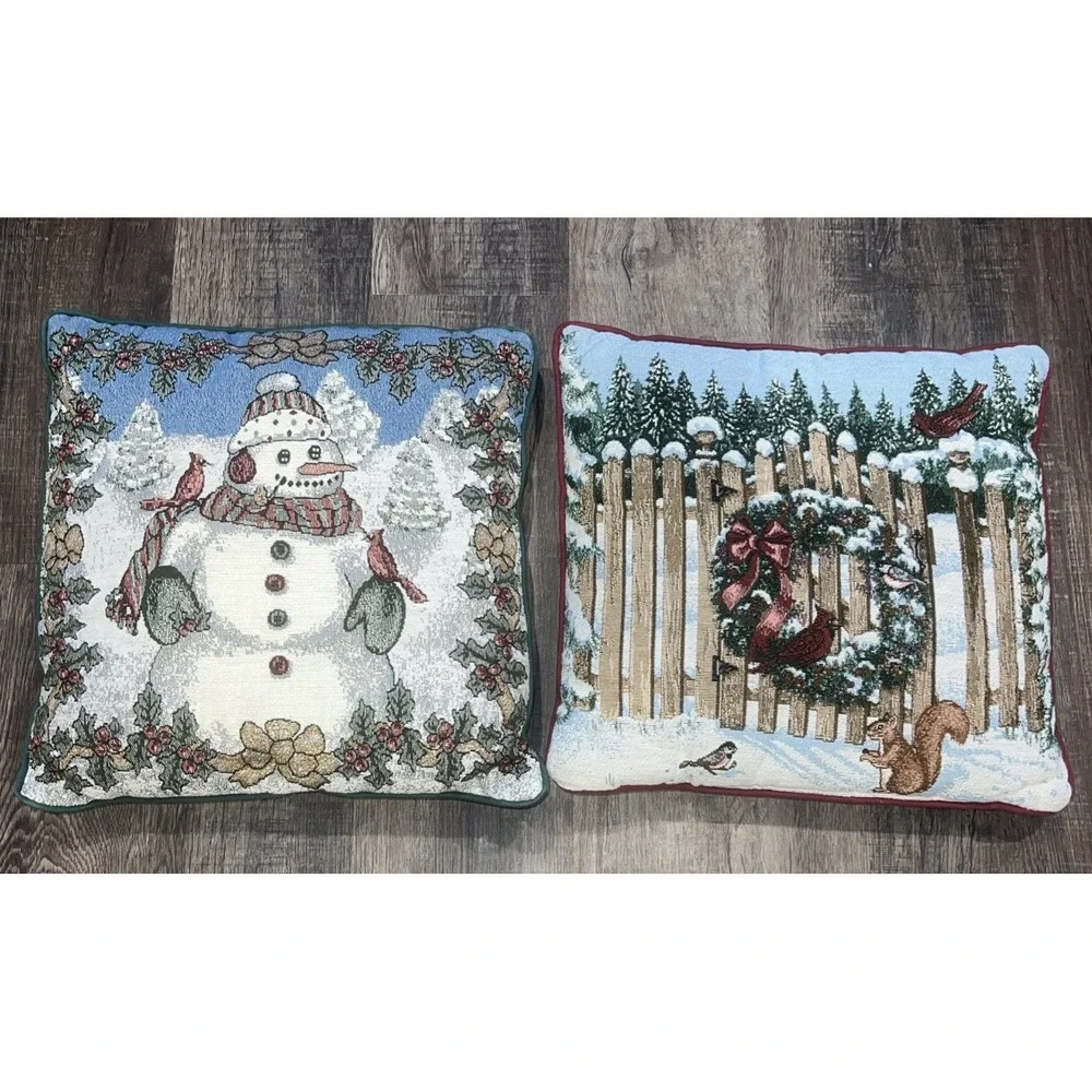 2 Tapestry Christmas Throw Pillows Snowman And Winter Scene